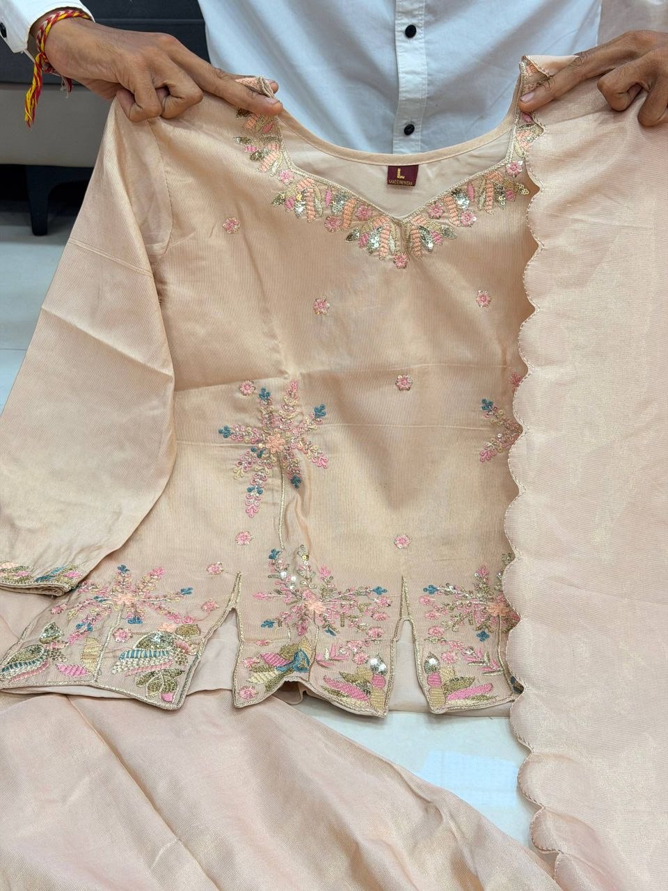 Beige Embroidered Peplum Kurta Palazzo Set with Dupatta
