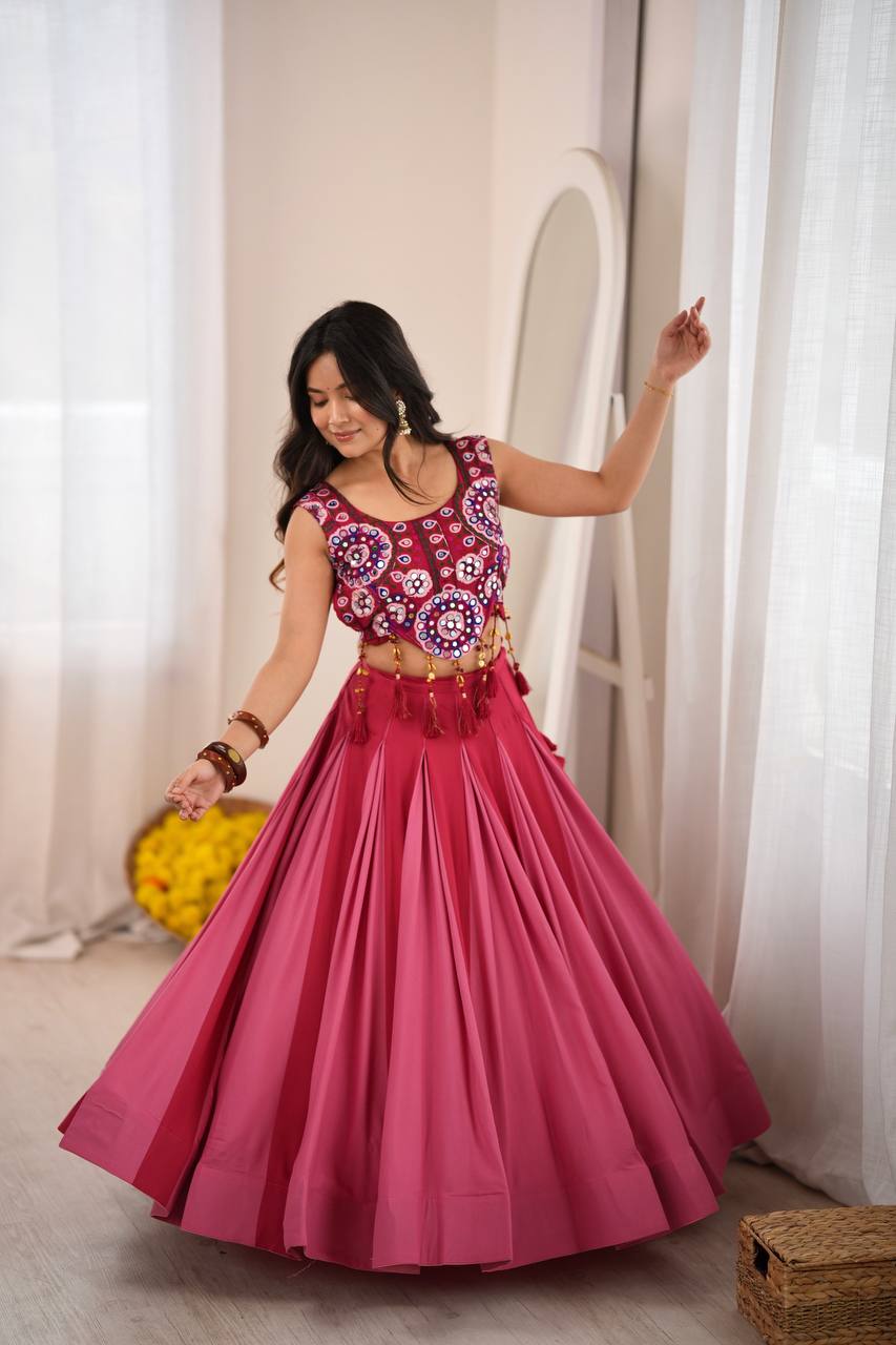 Wine Pink Embroidered Lehenga Choli with Mirror Work & Tassel Detailing
