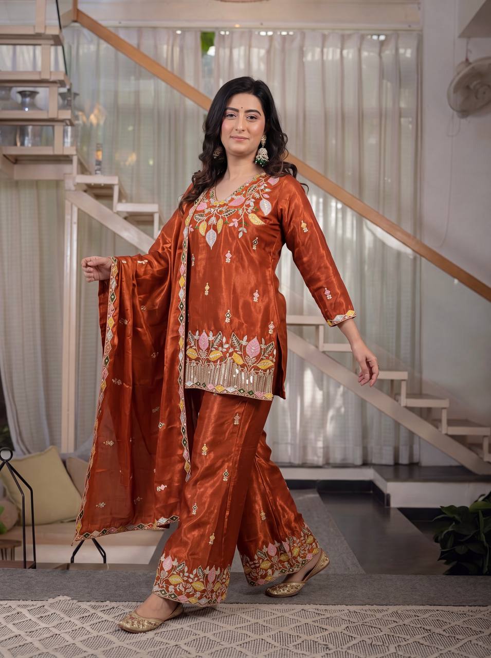 Rust Orange Embroidered Kurta Pant Set with Dupatta