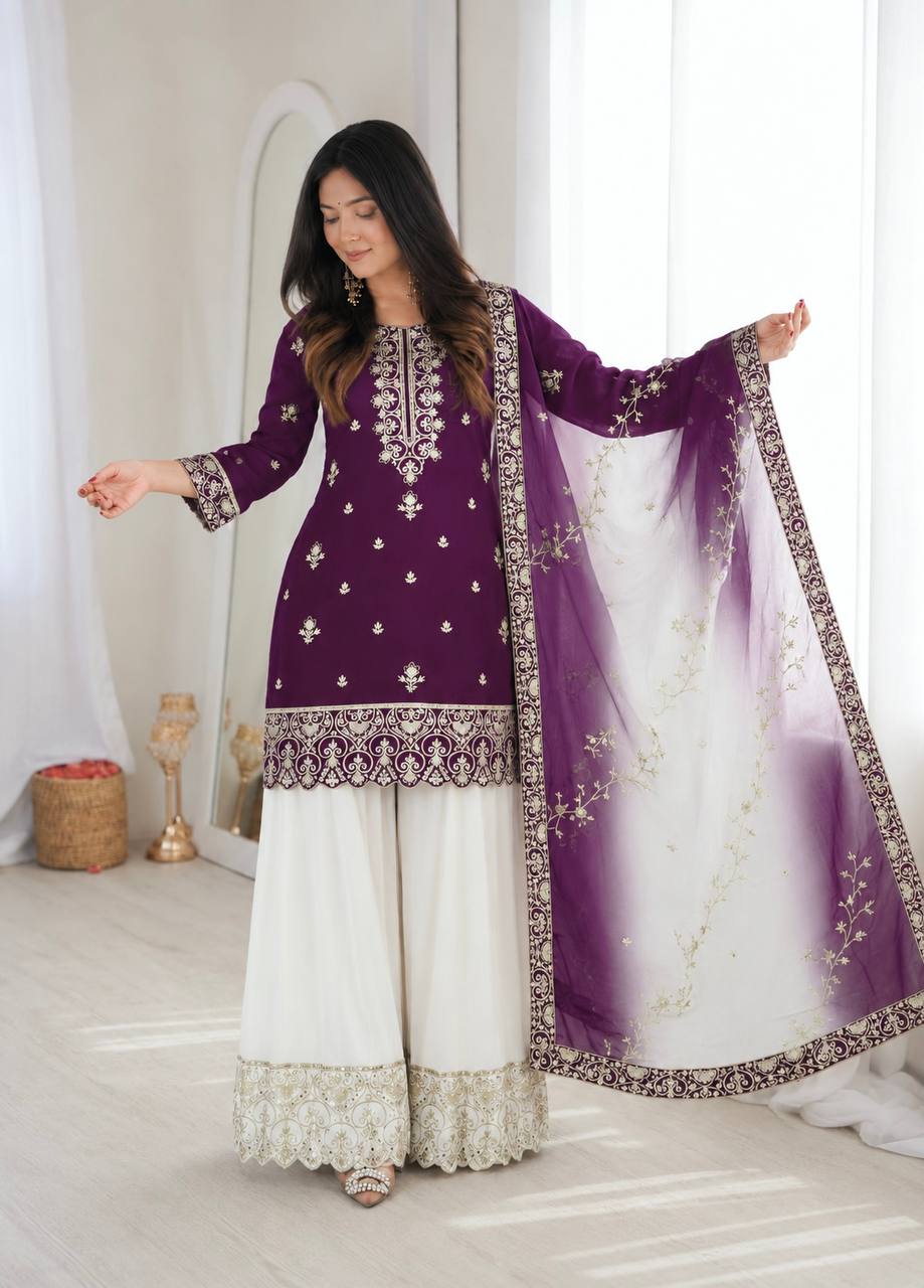 Royal Purple Embroidered Kurta Palazzo & Dupatta Set