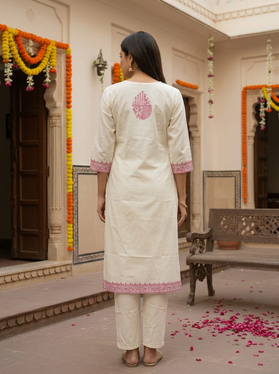 Women's White & Pink Embroidered Kurta Pant Set