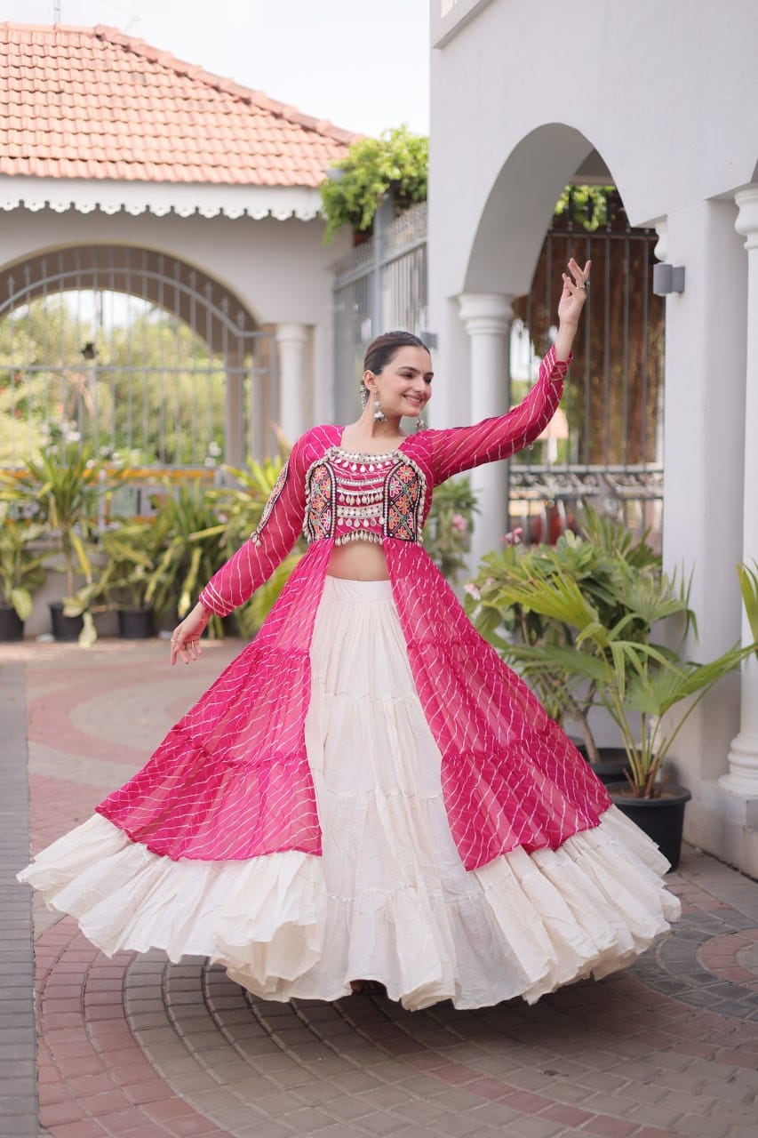 Women’s Pink & White Navratri Lehenga Set with Embroidered Jacket