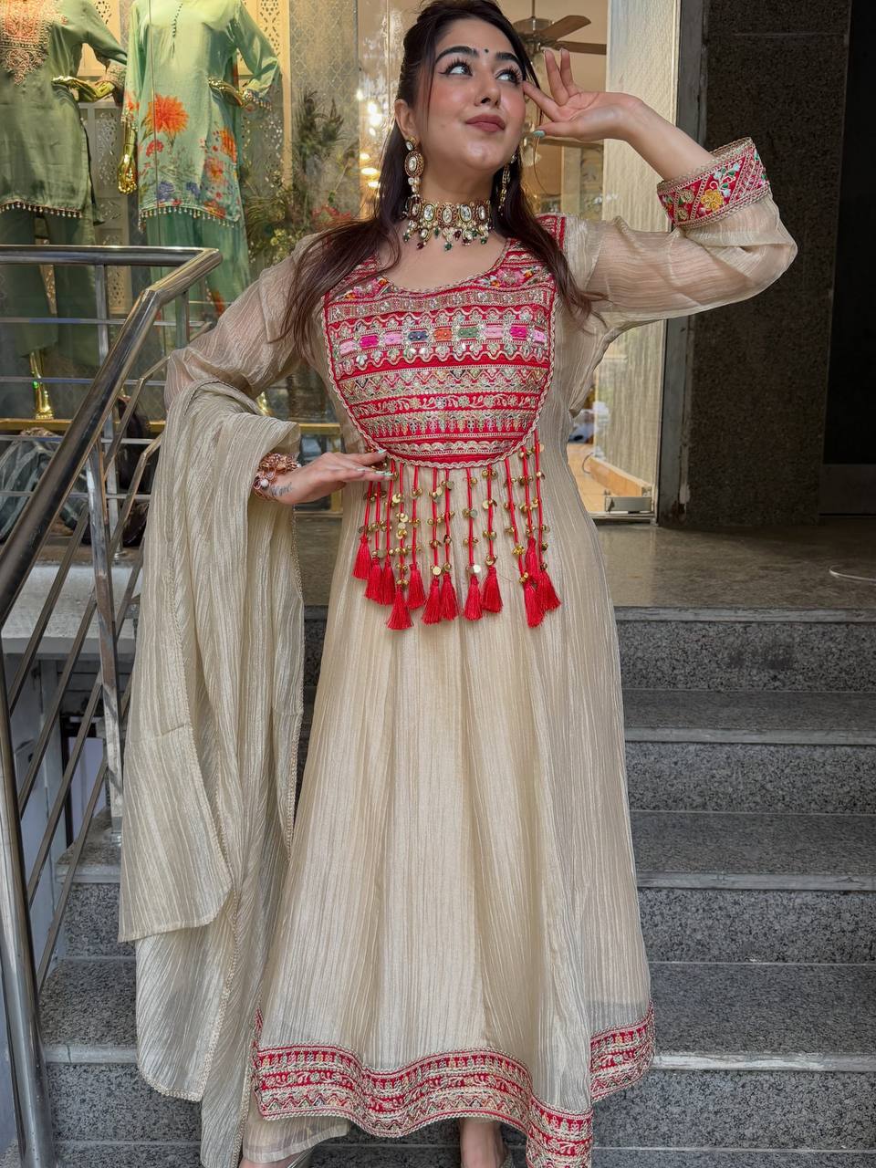 Ivory Embroidered Anarkali Suit with Dupatta Set