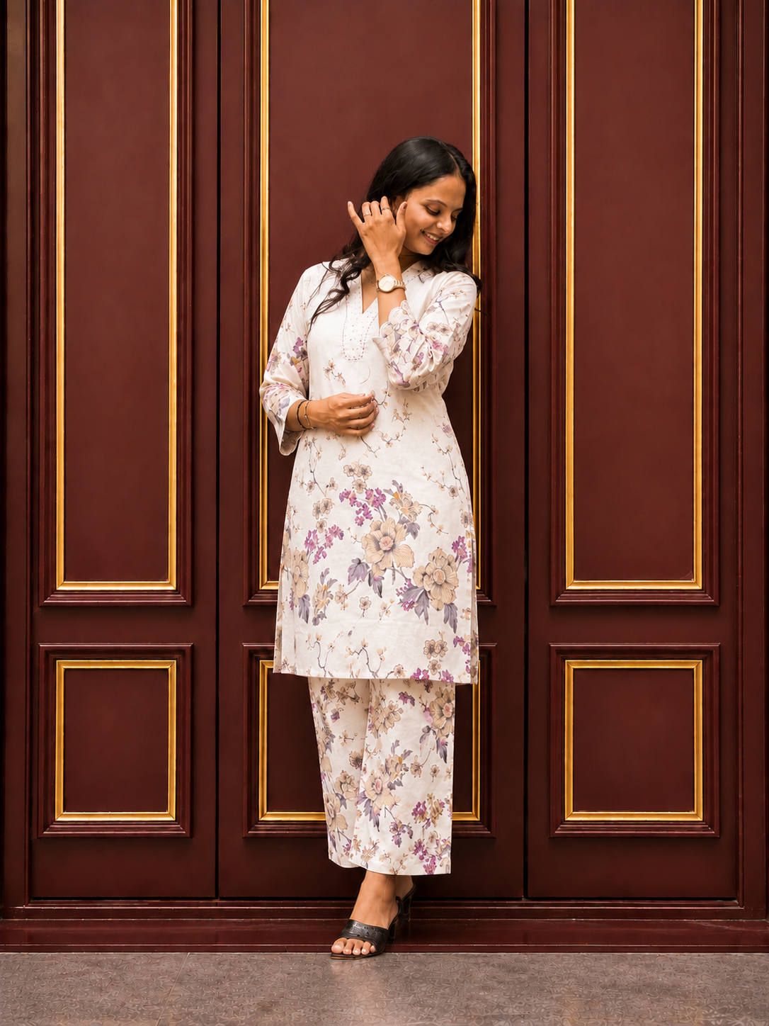 V-Neck Floral Printed Kurta & Pant  Set