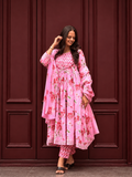 Pink Floral Printed Cotton Kurta Set with Dupatta for Women