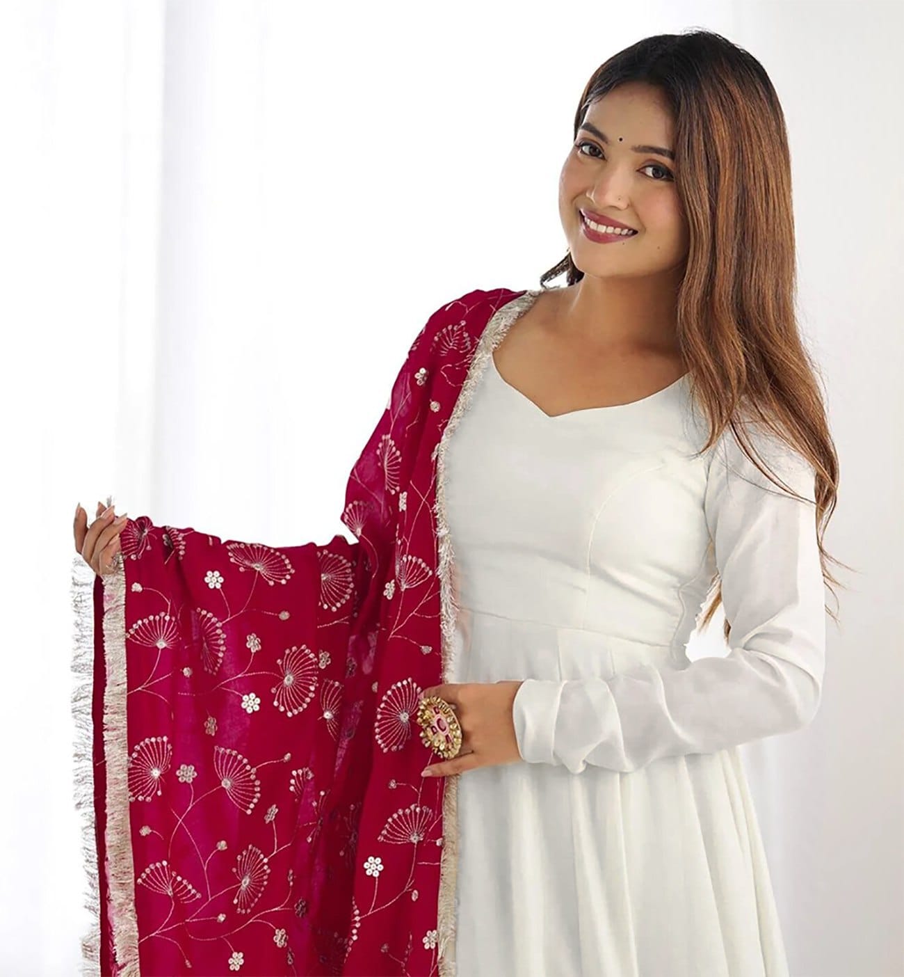 White Anarkali Set with Embroidered Dupatta