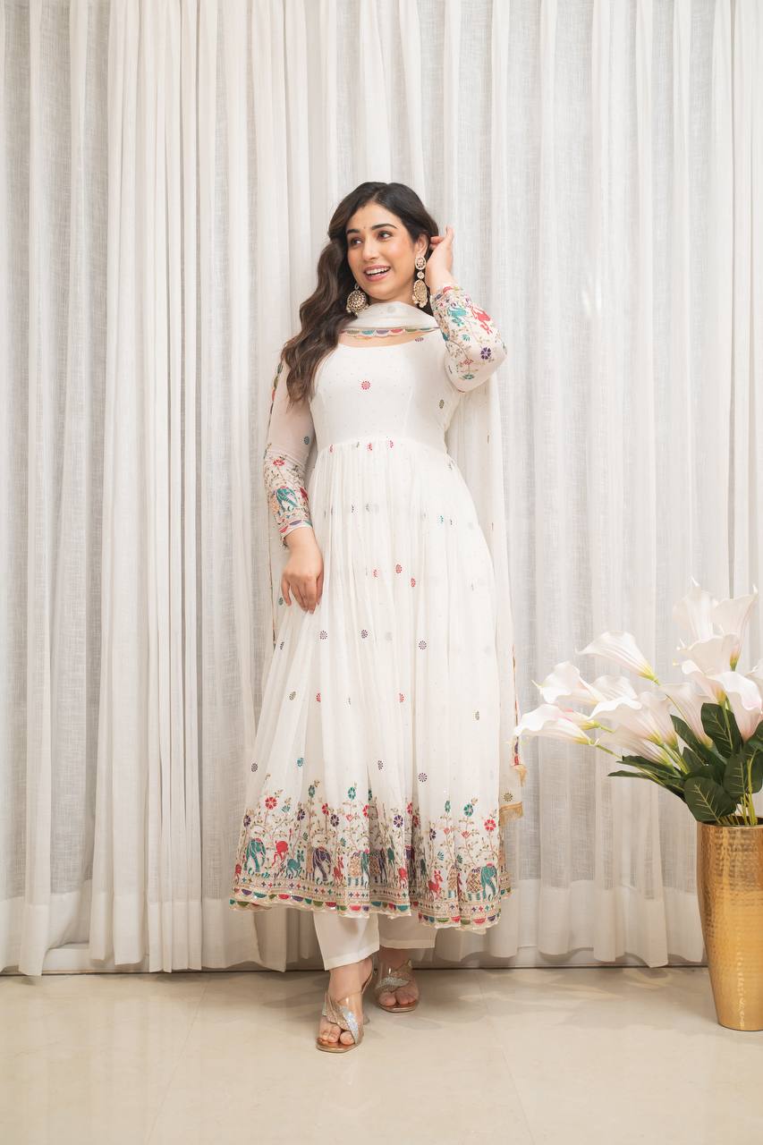 White Floral Printed Anarkali Suit Set with Dupatta