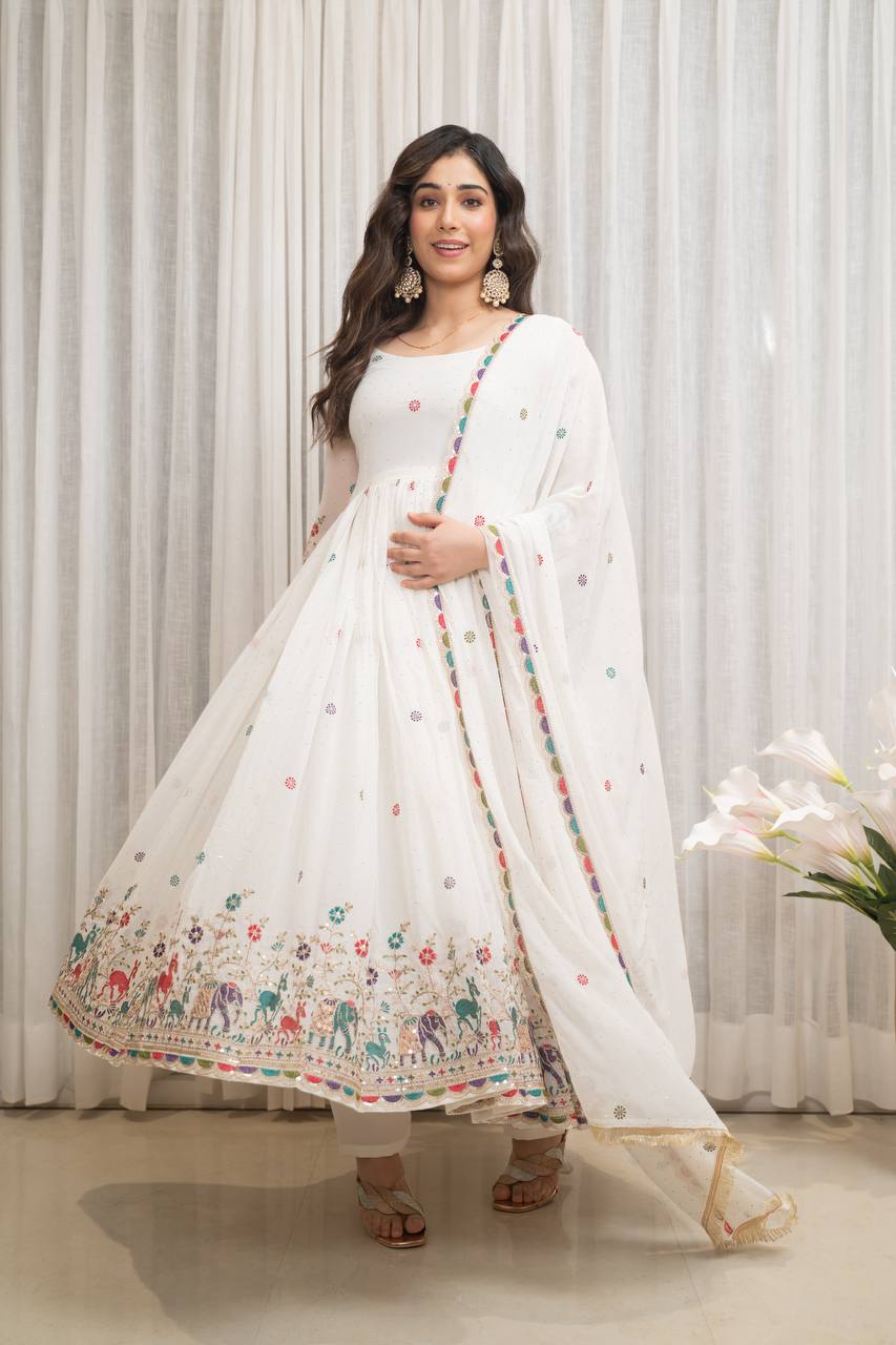 White Floral Printed Anarkali Suit Set with Dupatta