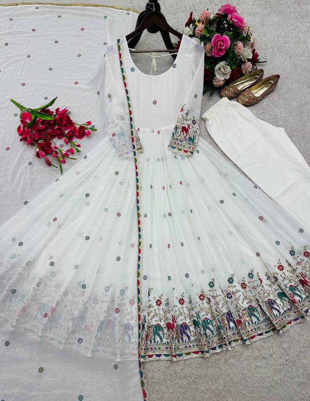 White Floral Printed Anarkali Suit Set with Dupatta