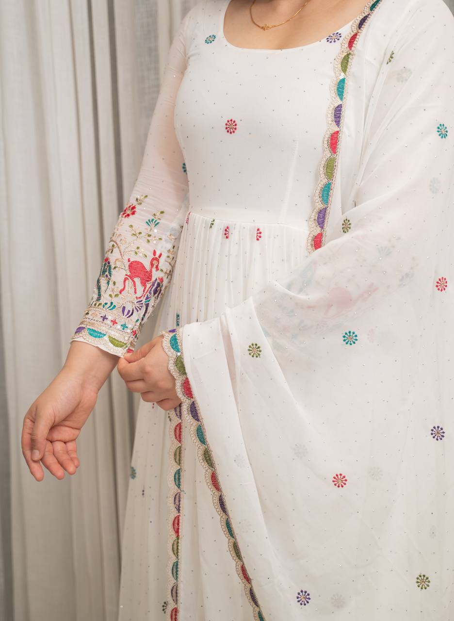 White Floral Printed Anarkali Suit Set with Dupatta