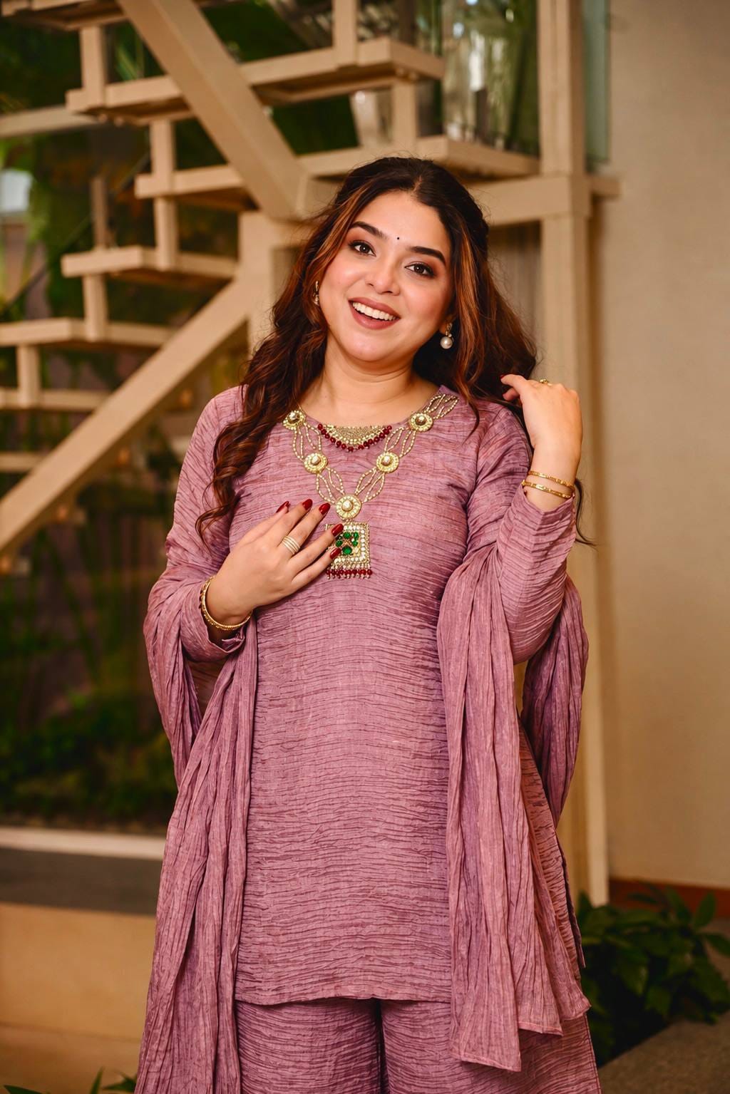Women’s Pink Textured Kurta Palazzo Set