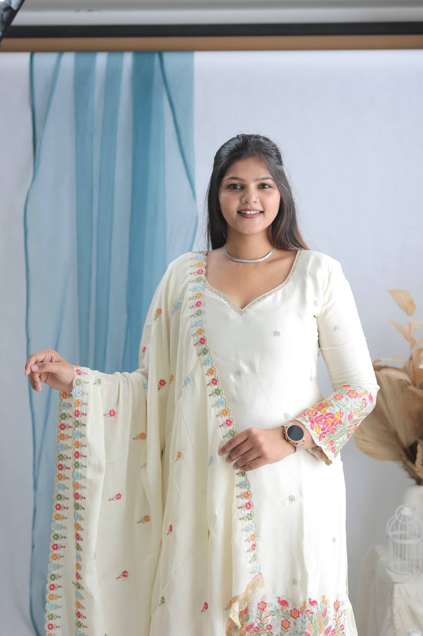 White Floral Printed Anarkali Suit Set with Dupatta
