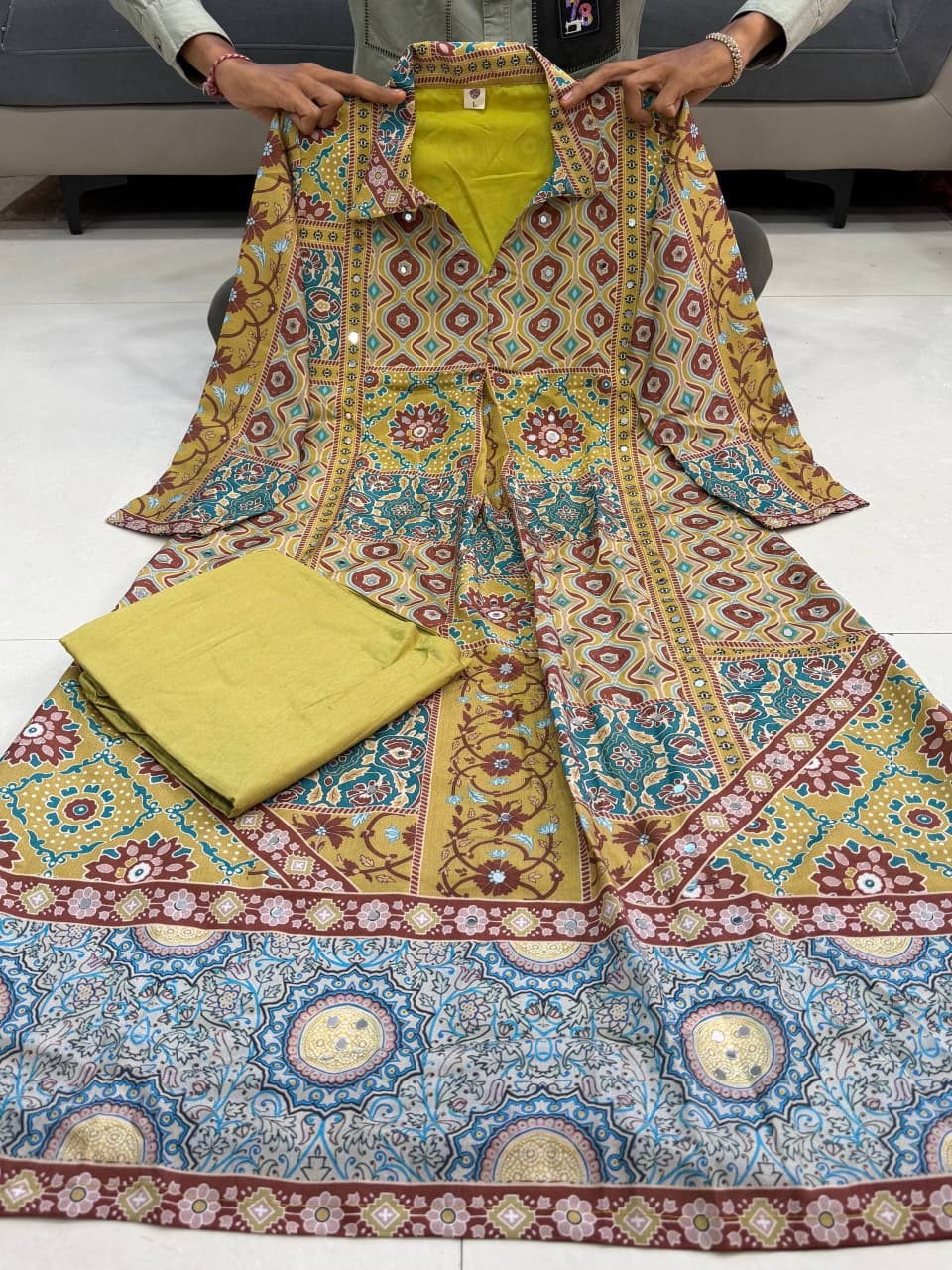 Olive Green Printed A-Line Kurta Set