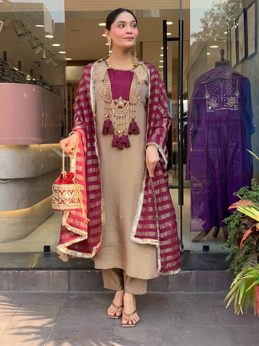 Elegant Beige & Wine Designer Kurta Set with Striped Dupatta