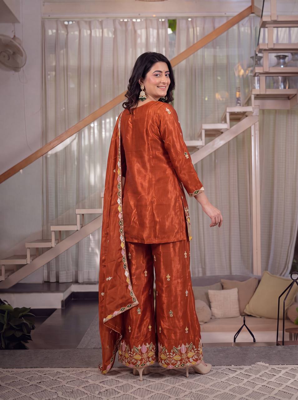 Rust Orange Embroidered Kurta Pant Set with Dupatta