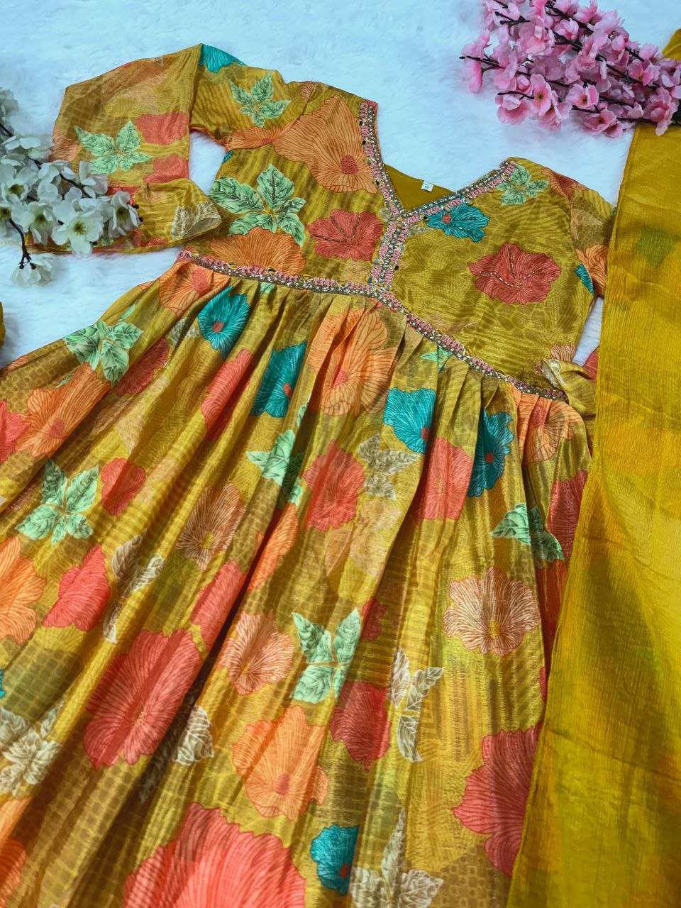 Mustard Yellow Floral Printed Anarkali Kurta Set with Dupatta