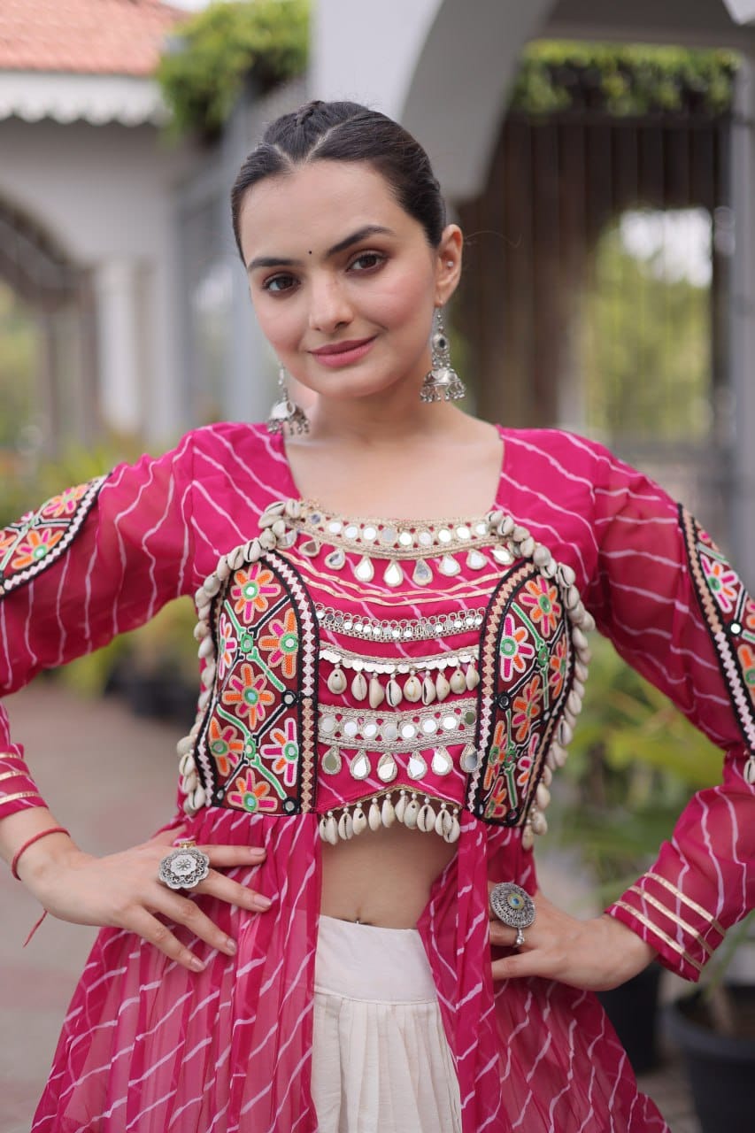 Women’s Pink & White Navratri Lehenga Set with Embroidered Jacket