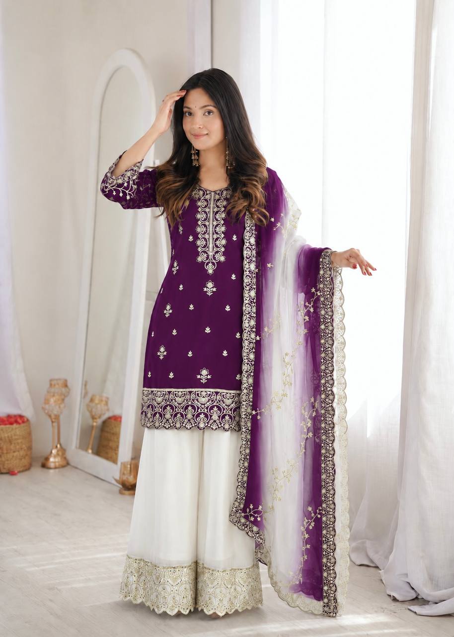 Royal Purple Embroidered Kurta Palazzo & Dupatta Set