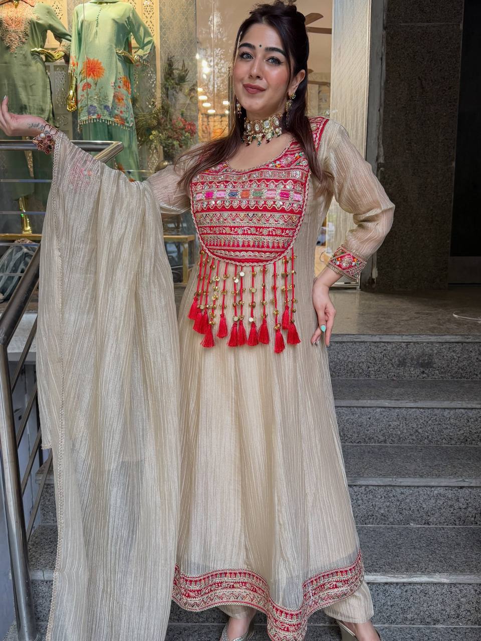 Ivory Embroidered Anarkali Suit with Dupatta Set