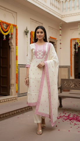 Women's White & Pink Embroidered Kurta Pant Set