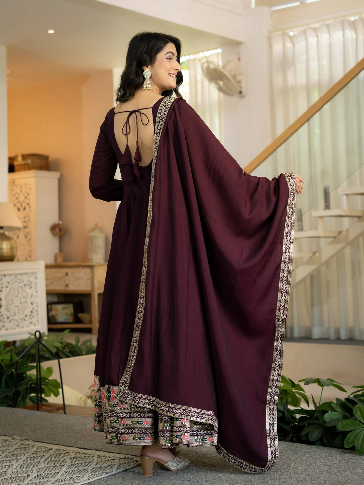 Maroon Embroidered Anarkali Suit Set with Dupatta