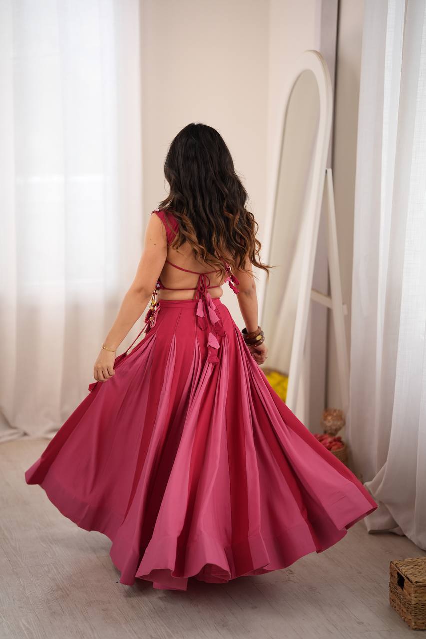 Wine Pink Embroidered Lehenga Choli with Mirror Work & Tassel Detailing
