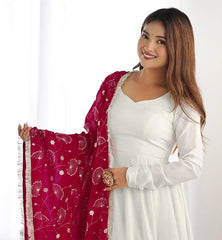White Anarkali Set with Embroidered Dupatta