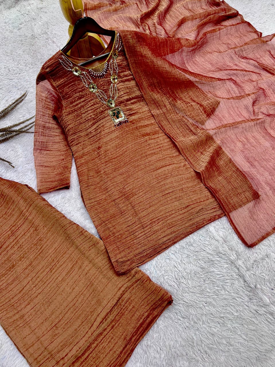 Women’s Brown Textured Kurta Palazzo Set