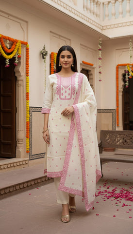 Women's White & Pink Embroidered Kurta Pant Set