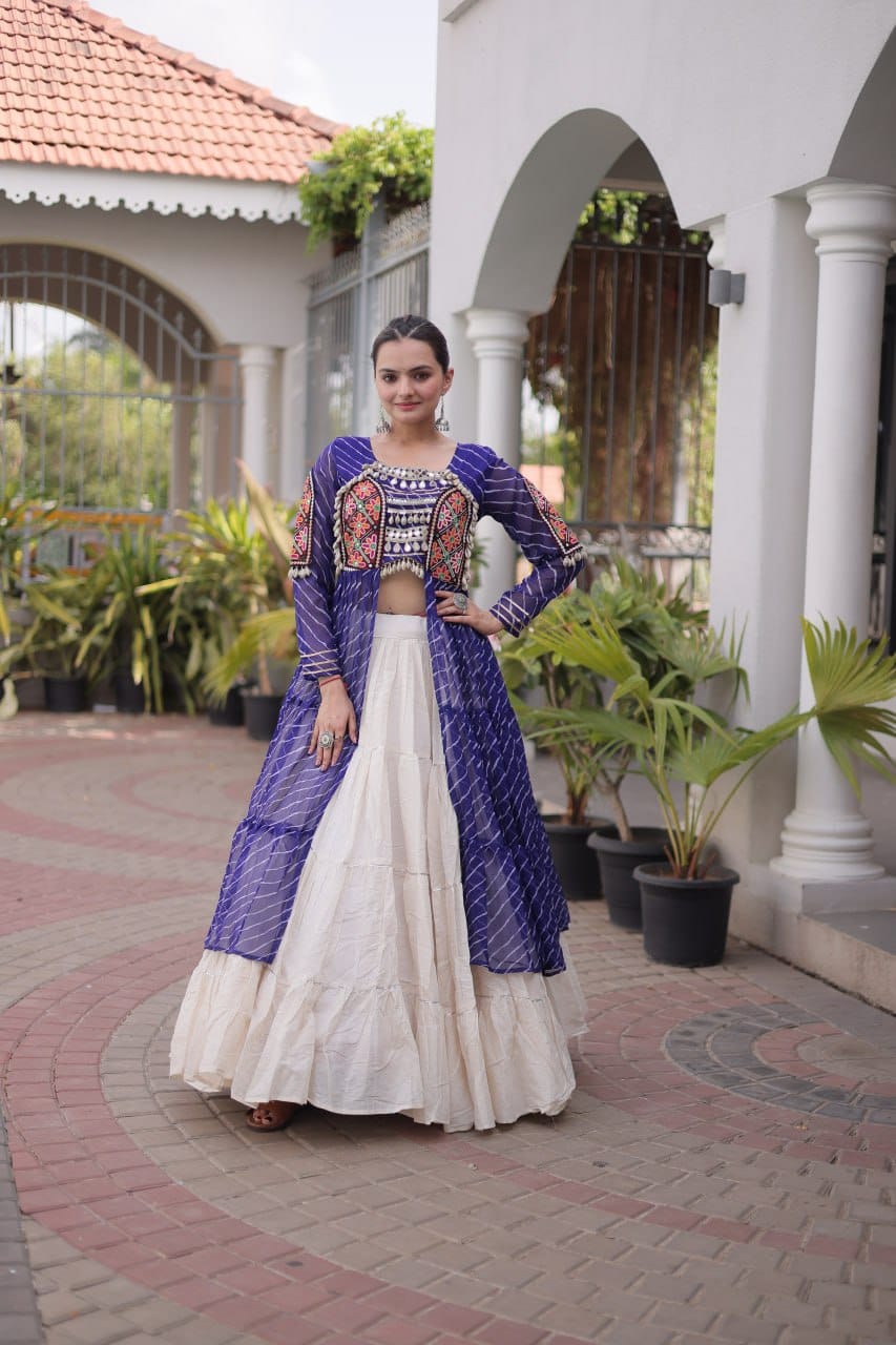 Women’s Purple & White Navratri Lehenga Set with Embroidered Jacket