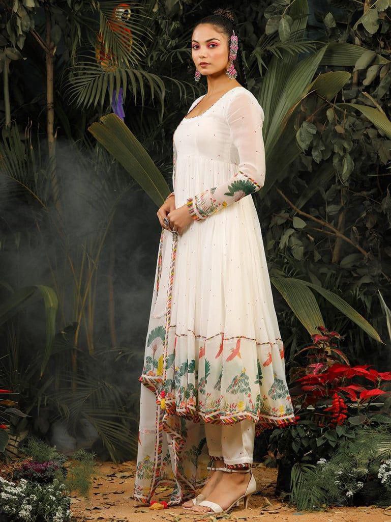 Ivory Floral Printed Anarkali Kurta Pant Set with Dupatta