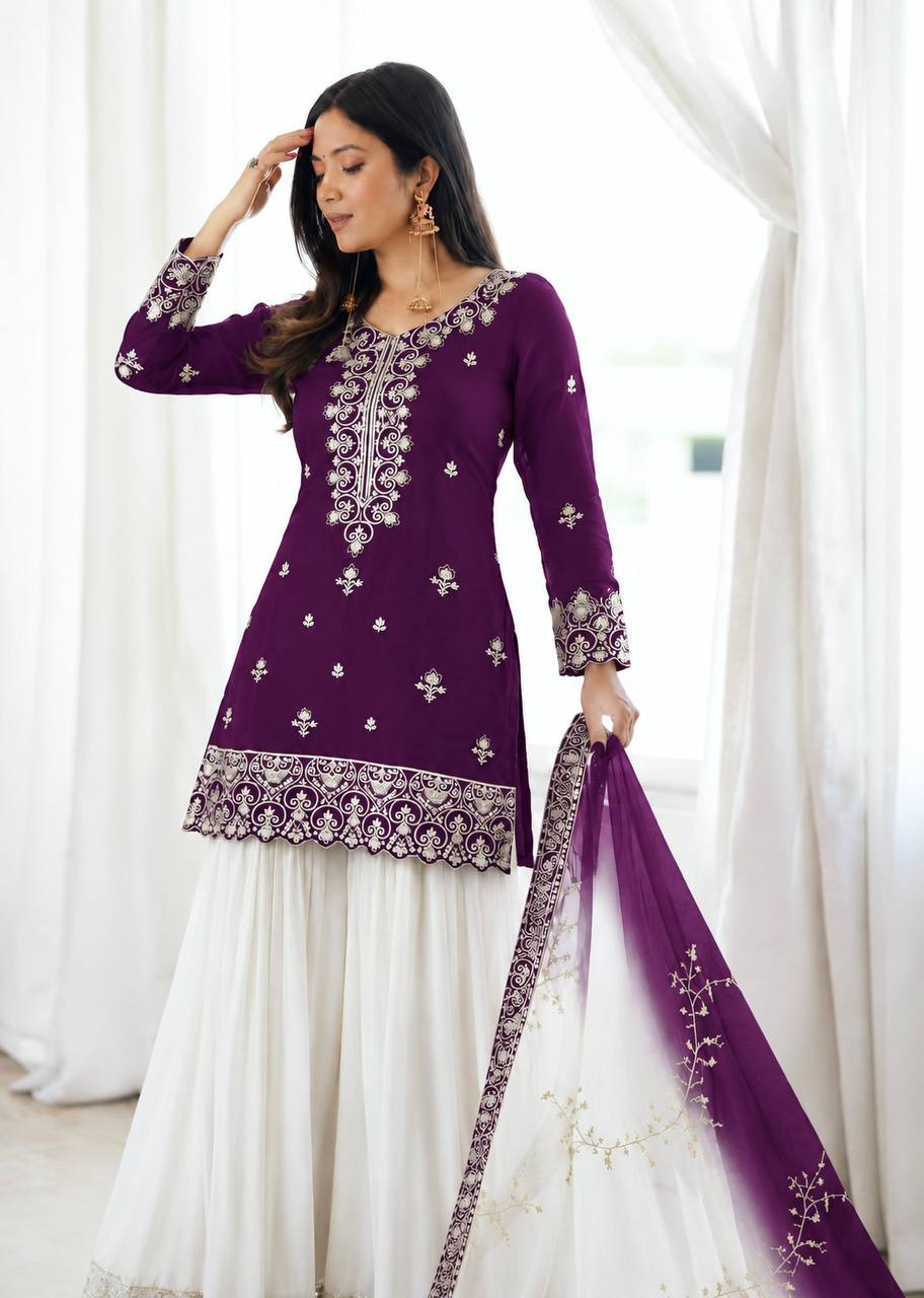 Royal Purple Embroidered Kurta Palazzo & Dupatta Set