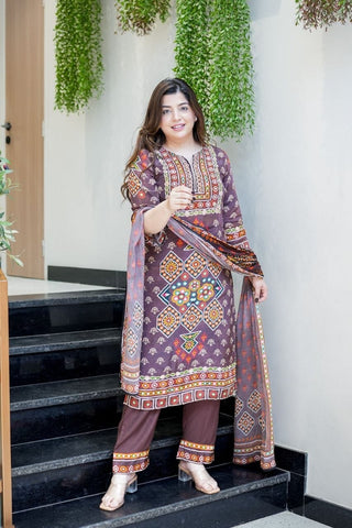 Brown Ethnic Printed Kurta Pant Set