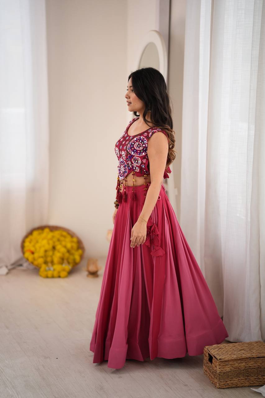 Wine Pink Embroidered Lehenga Choli with Mirror Work & Tassel Detailing