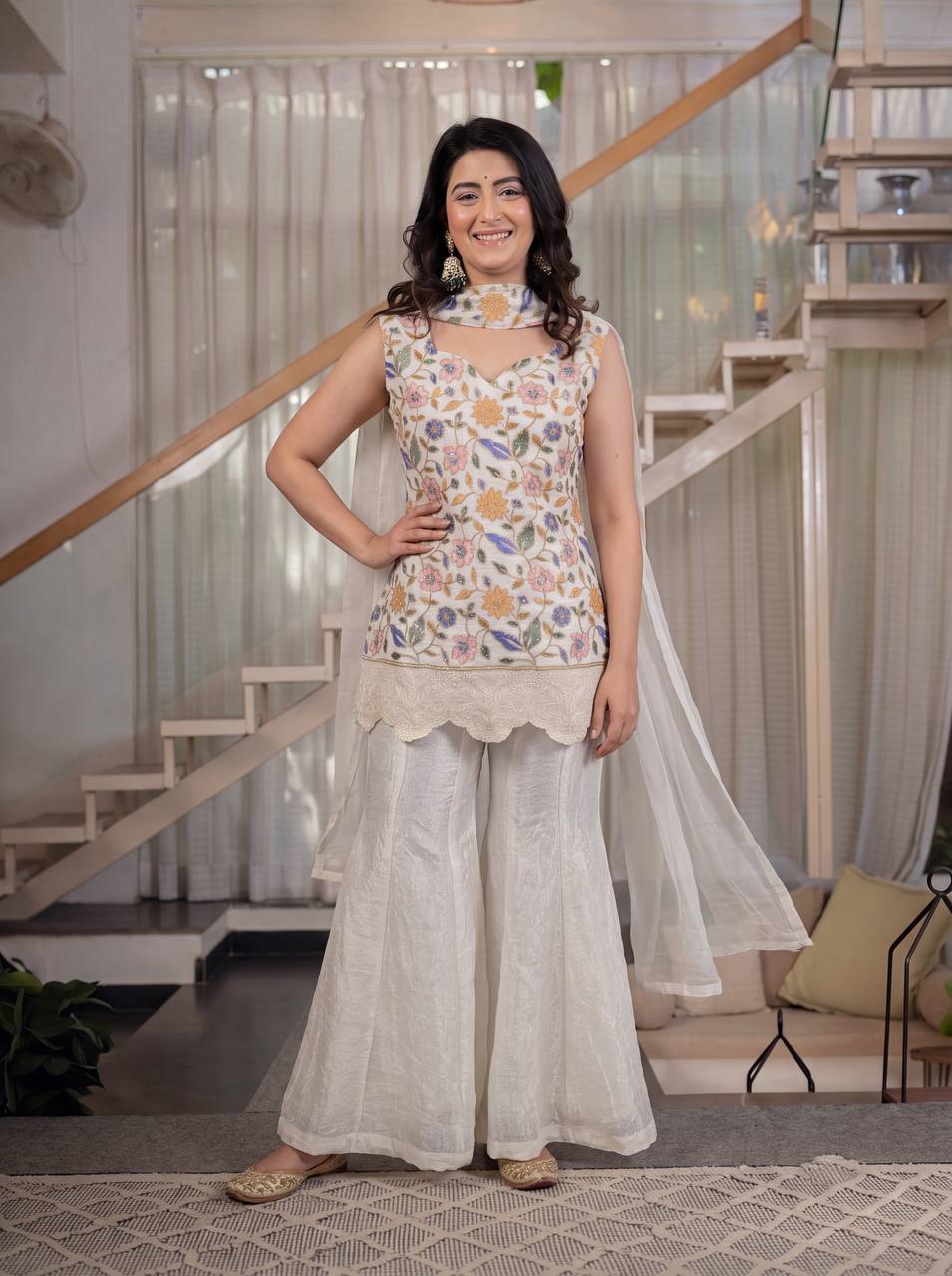 White Floral Embroidered Peplum Sharara Set with Dupatta