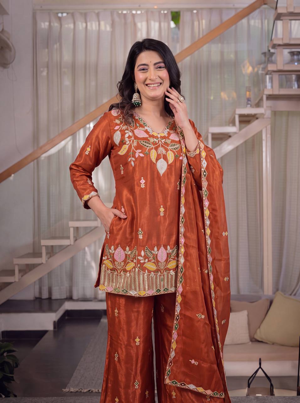 Rust Orange Embroidered Kurta Pant Set with Dupatta