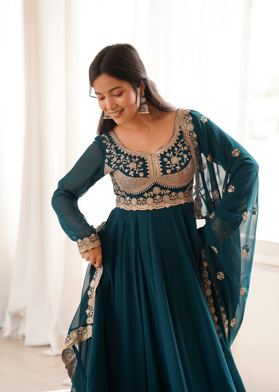 Teal Blue Embroidered Anarkali Suit Set with Dupatta