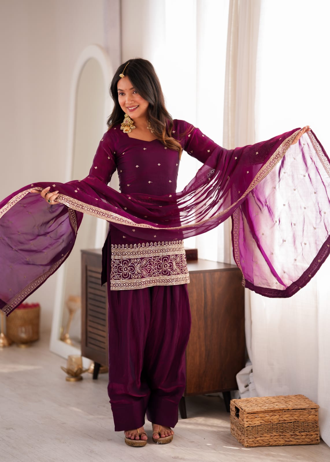 Wine Purple Embroidered Kurta Salwar Set
