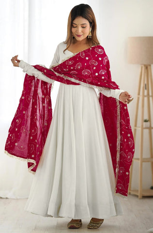 White Anarkali Set with Embroidered Dupatta