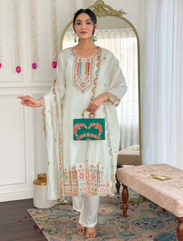 Embroidered Cotton Kurta Set with Dupatta