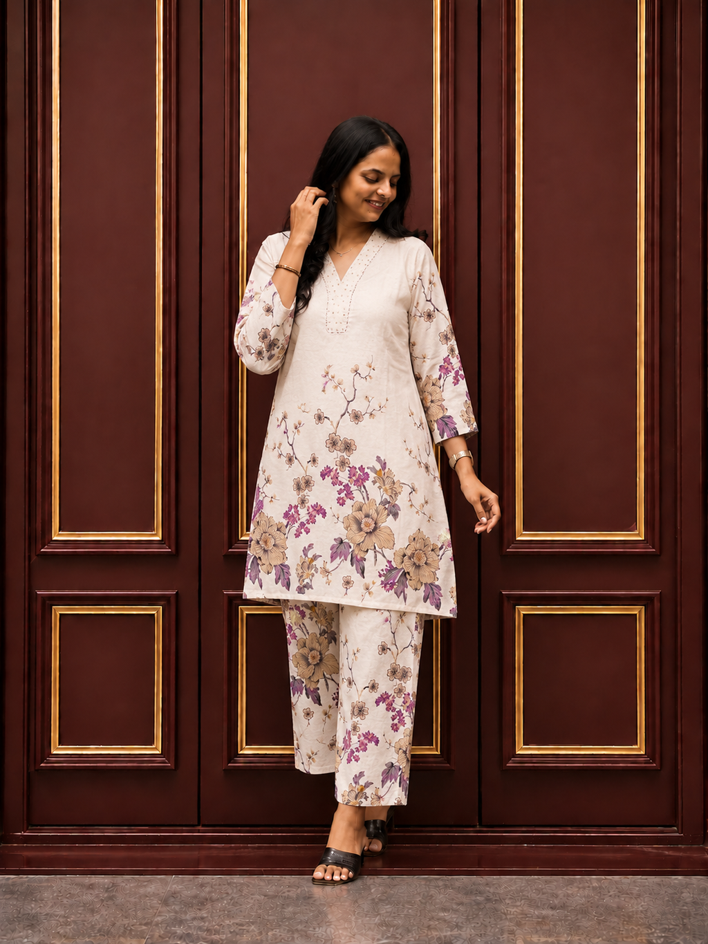 Women's V-Neck Embroidery Work Kurta Pant Set | Elegant Floral Printed Co-Ord Set