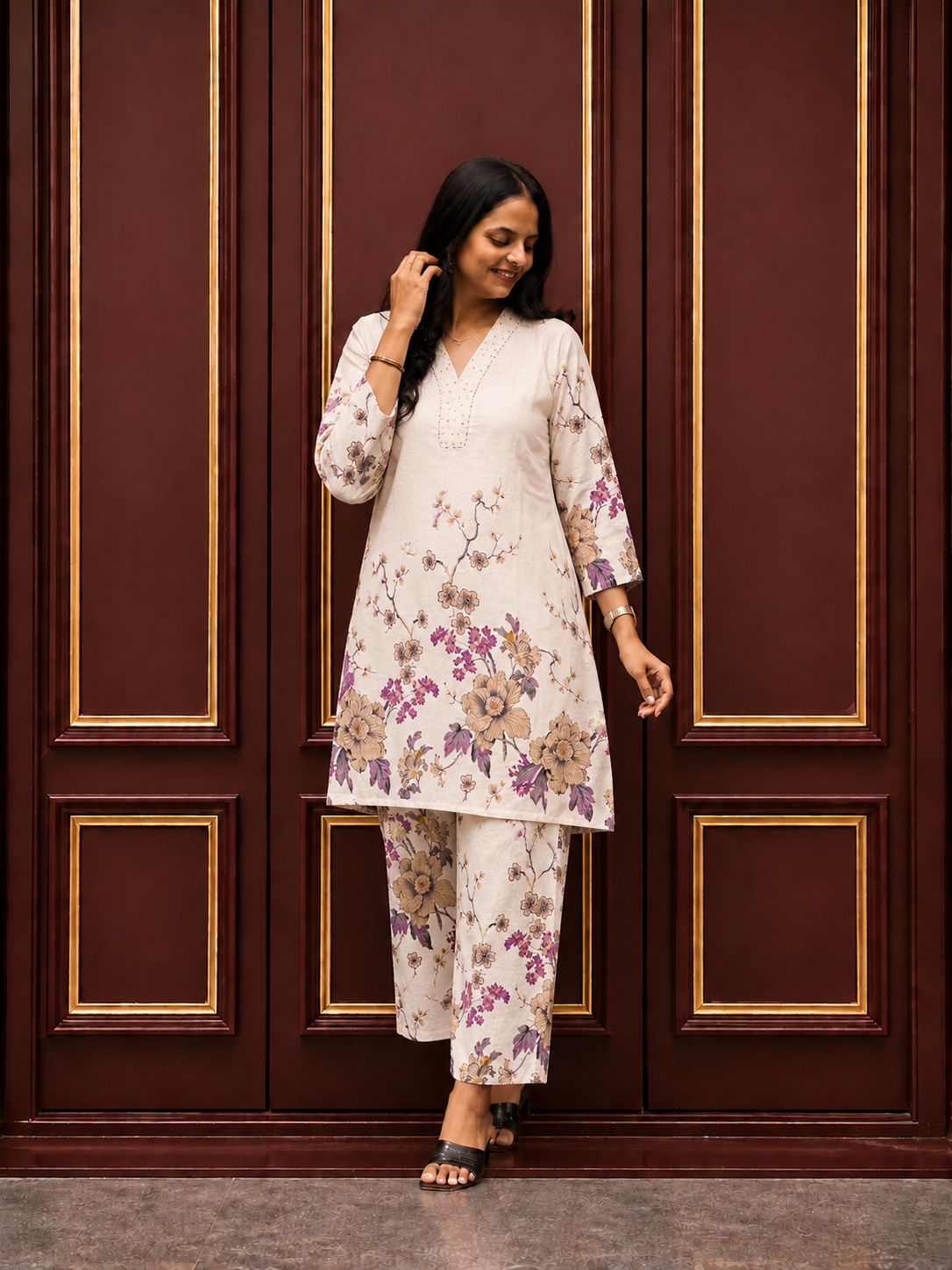 V-Neck Floral Printed Kurta & Pant  Set