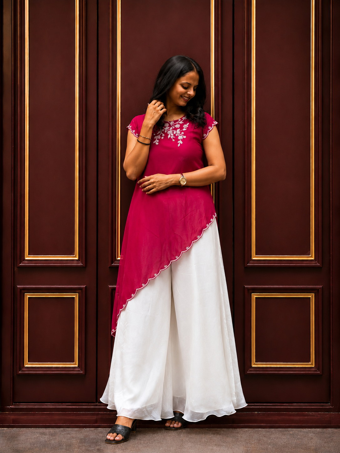 Embroidered Rani Pink & White Palazzo Set