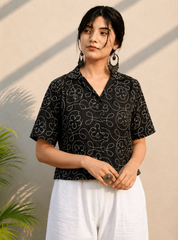 Black Embroidered Cotton Shirt | Relaxed Fit Casual Top