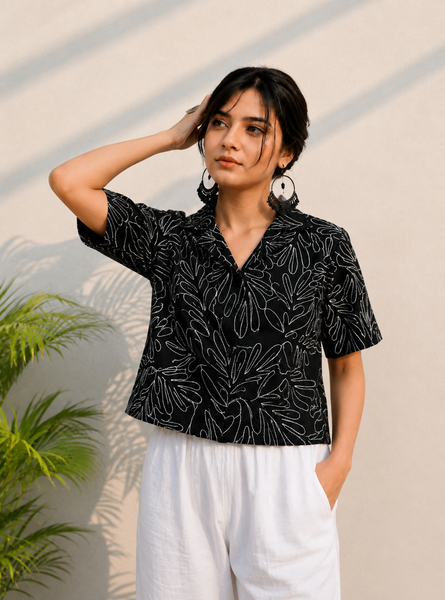 Black Embroidered Cotton Shirt | Relaxed Fit Casual Top