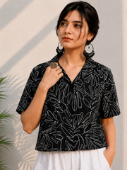 Black Embroidered Cotton Shirt | Relaxed Fit Casual Top