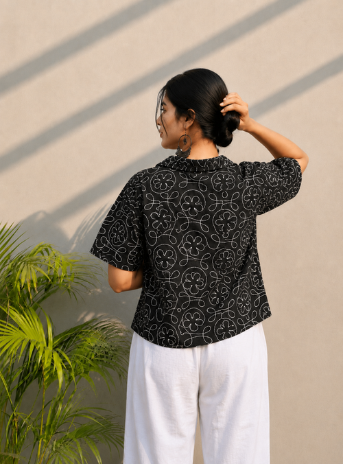 Black Embroidered Cotton Shirt | Relaxed Fit Casual Top