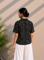 Black Embroidered Cotton Shirt | Relaxed Fit Casual Top
