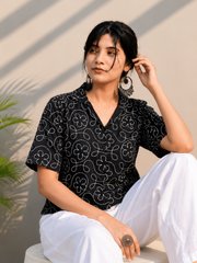 Black Embroidered Cotton Shirt | Relaxed Fit Casual Top
