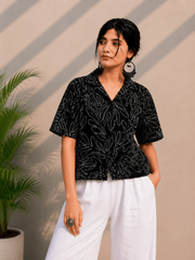 Black Embroidered Cotton Shirt | Relaxed Fit Casual Top